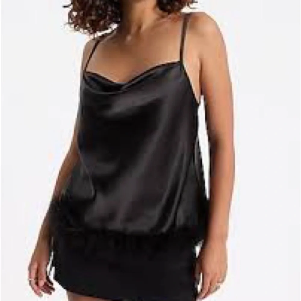 Express Black Satin Feather Hem Cami Camisole Blouse Top M L NEW - Picture 1 of 11